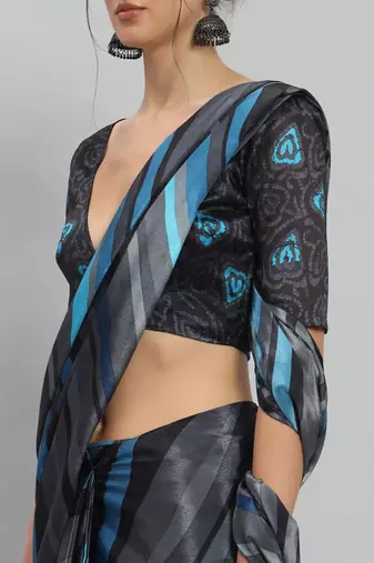 Blue printed satin fashion saree with blouse piece