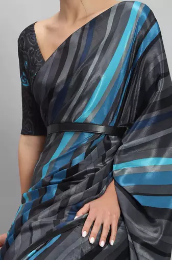 Blue printed satin fashion saree with blouse piece