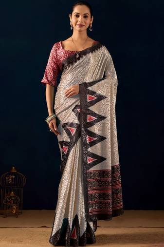 Cream printed brasso casual saree with blouse piece