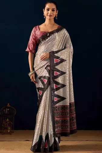 Cream printed brasso casual saree with blouse piece