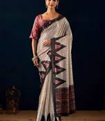 Cream printed brasso casual saree with blouse piece