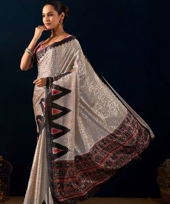 Cream printed brasso casual saree with blouse piece 3