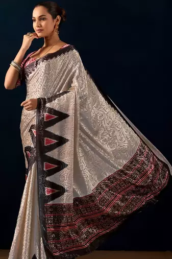 Cream printed brasso casual saree with blouse piece