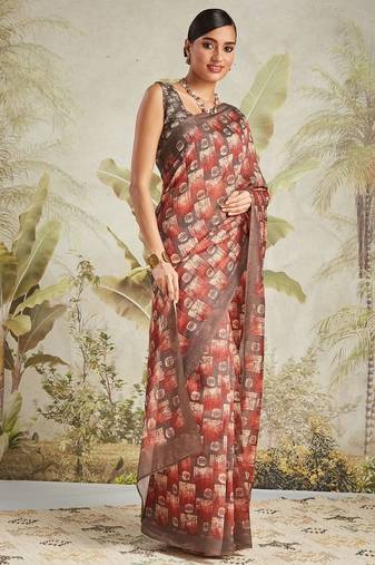 Brown printed blended cotton designer saree with blouse piece