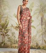 Brown printed blended cotton designer saree with blouse piece