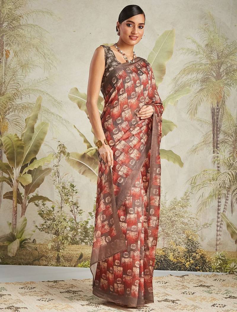 Brown printed blended cotton designer saree with blouse piece