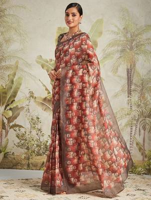 Brown printed blended cotton designer saree with blouse piece 2