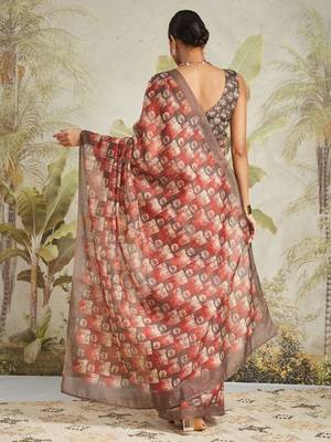 Brown printed blended cotton designer saree with blouse piece 3