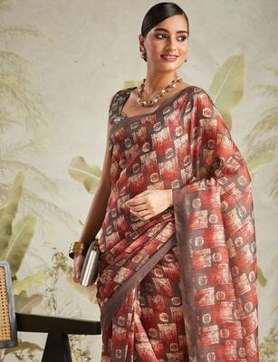 Brown printed blended cotton designer saree with blouse piece 4