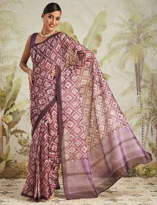 Purple printed blended cotton designer saree with blouse piece 1