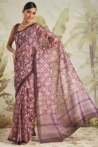Purple printed blended cotton designer saree with blouse piece