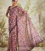 Purple printed blended cotton designer saree with blouse piece