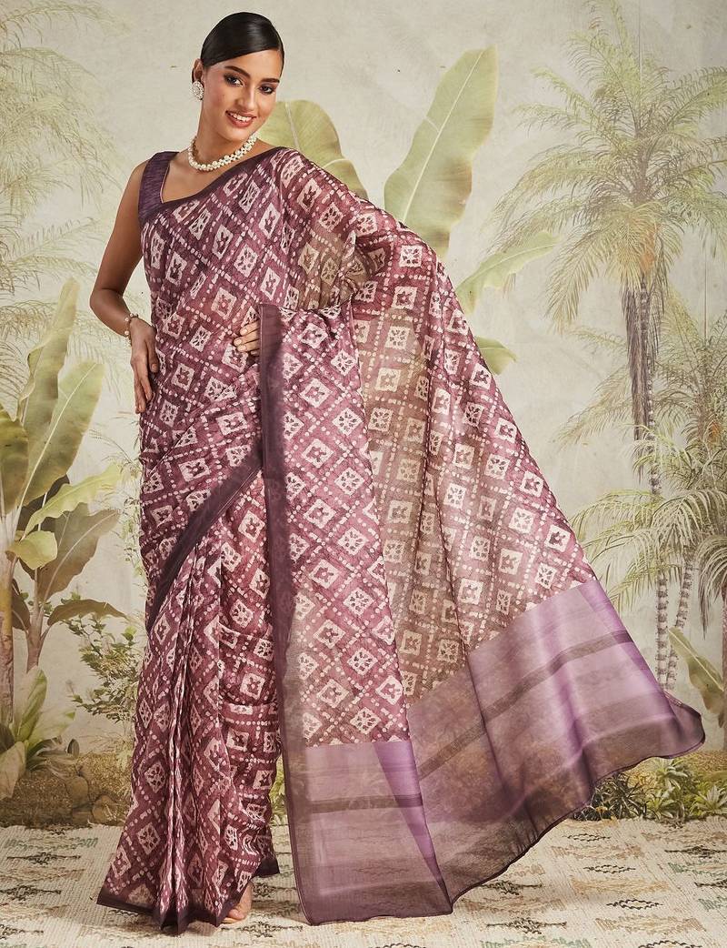Purple printed blended cotton designer saree with blouse piece