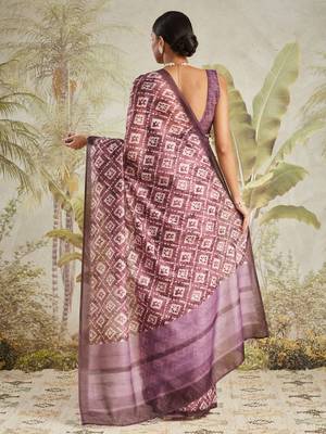 Purple printed blended cotton designer saree with blouse piece 2