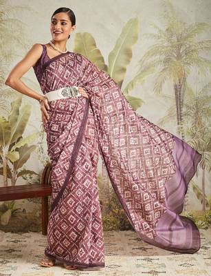 Purple printed blended cotton designer saree with blouse piece 3