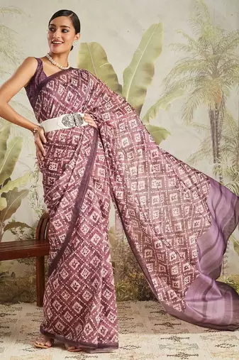 Purple printed blended cotton designer saree with blouse piece