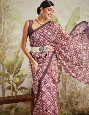 Purple printed blended cotton designer saree with blouse piece 4