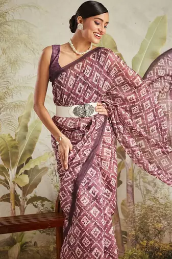 Purple printed blended cotton designer saree with blouse piece