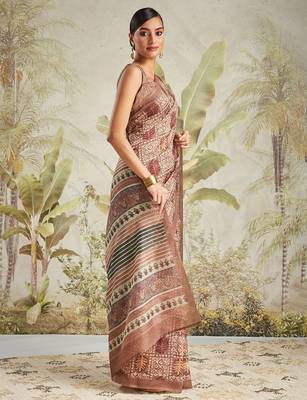 Brown printed blended cotton designer saree with blouse piece 1