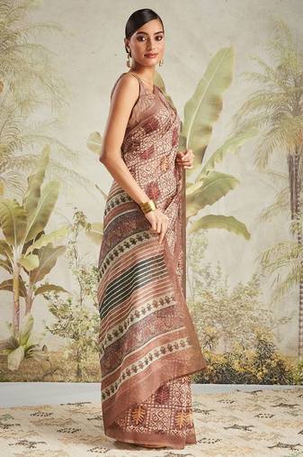 Brown printed blended cotton designer saree with blouse piece