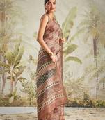 Brown printed blended cotton designer saree with blouse piece