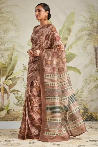 Brown printed blended cotton designer saree with blouse piece
