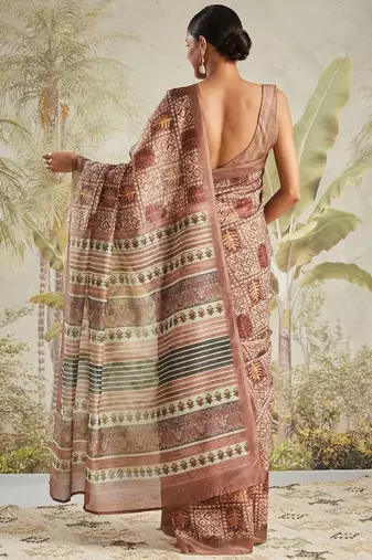 Brown printed blended cotton designer saree with blouse piece