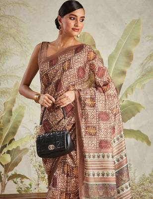 Brown printed blended cotton designer saree with blouse piece 4