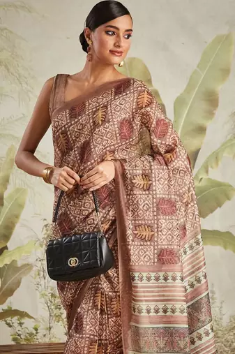 Brown printed blended cotton designer saree with blouse piece