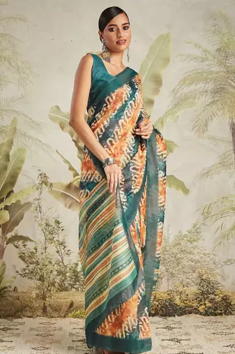 Orange printed blended cotton designer saree with blouse piece