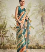 Orange printed blended cotton designer saree with blouse piece