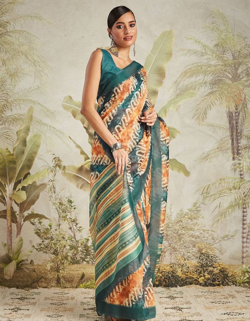 Orange printed blended cotton designer saree with blouse piece