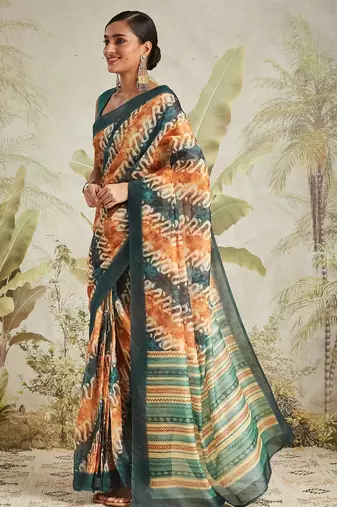 Orange printed blended cotton designer saree with blouse piece