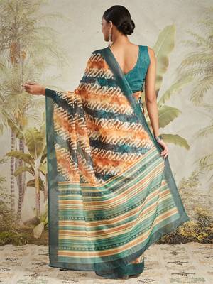 Orange printed blended cotton designer saree with blouse piece 3
