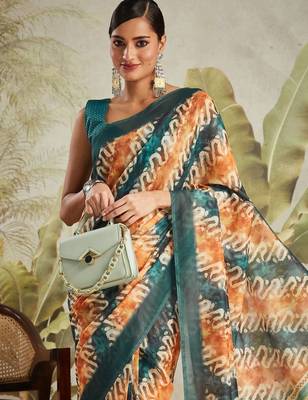 Orange printed blended cotton designer saree with blouse piece 4