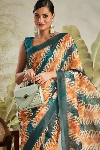 Orange printed blended cotton designer saree with blouse piece
