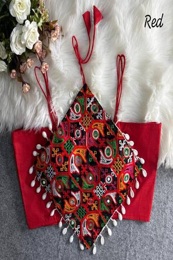 Women's red navratri blouse | kutchi embroidered noodles strap choli | hand mirror work cotton blouse
