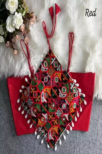 Women's red navratri blouse | kutchi embroidered noodles strap choli | hand mirror work cotton blouse