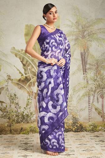 Purple printed blended cotton designer saree with blouse piece