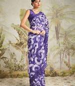 Purple printed blended cotton designer saree with blouse piece