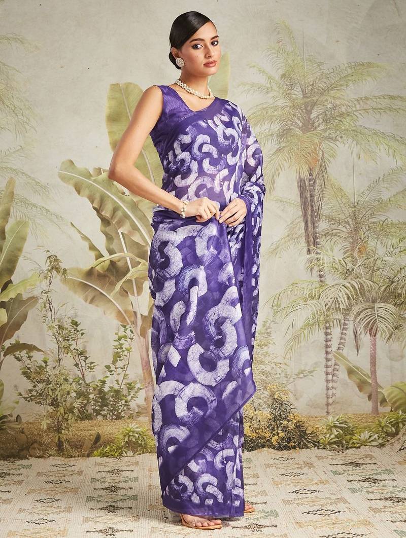 Purple printed blended cotton designer saree with blouse piece