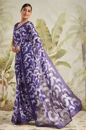 Purple printed blended cotton designer saree with blouse piece