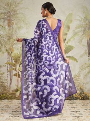 Purple printed blended cotton designer saree with blouse piece 3