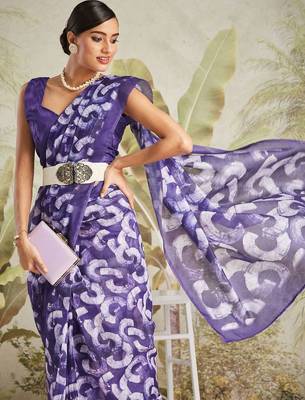 Purple printed blended cotton designer saree with blouse piece 4