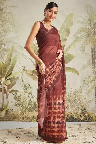 Brown printed blended cotton designer saree with blouse piece