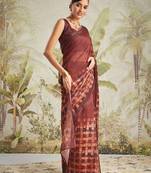 Brown printed blended cotton designer saree with blouse piece