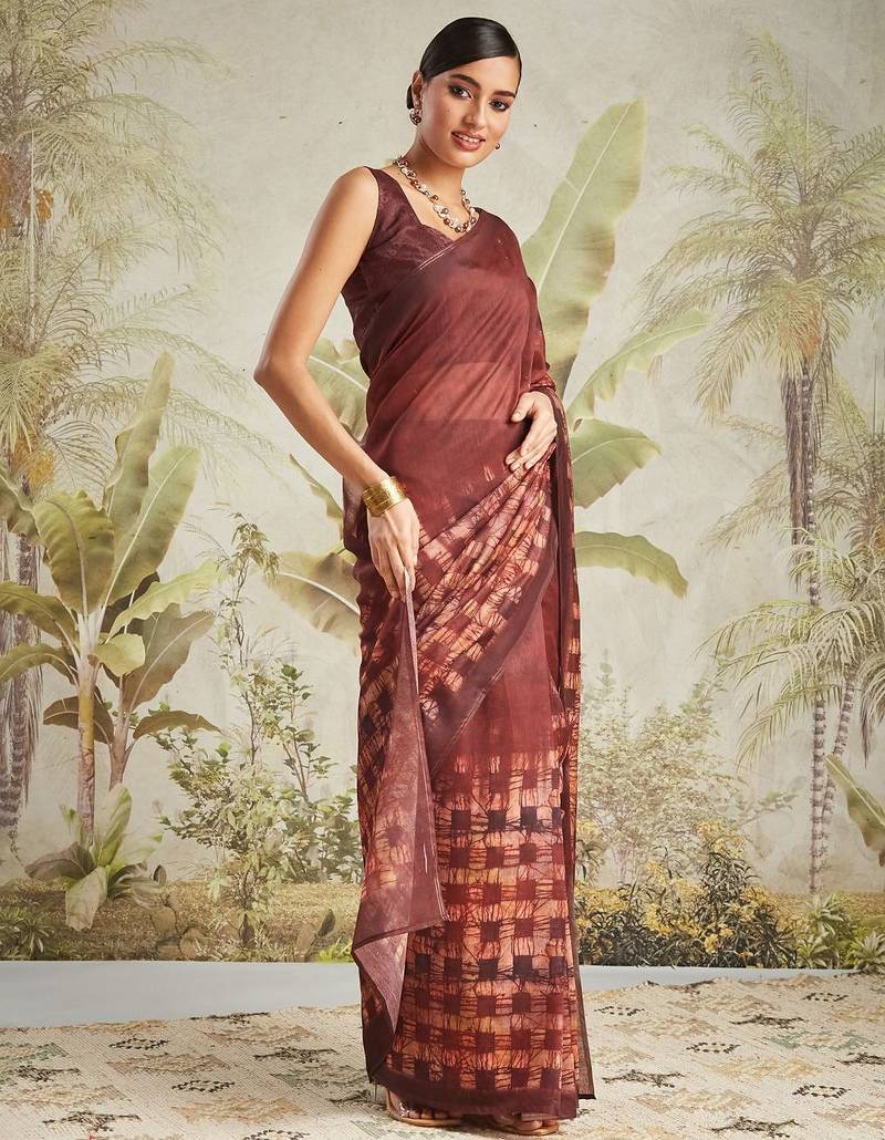Brown printed blended cotton designer saree with blouse piece