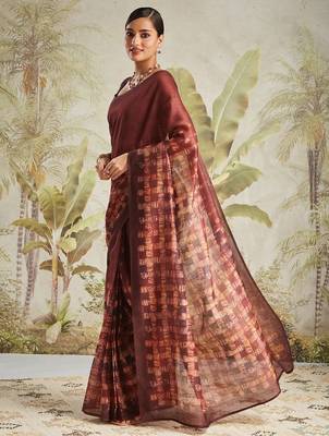 Brown printed blended cotton designer saree with blouse piece 2