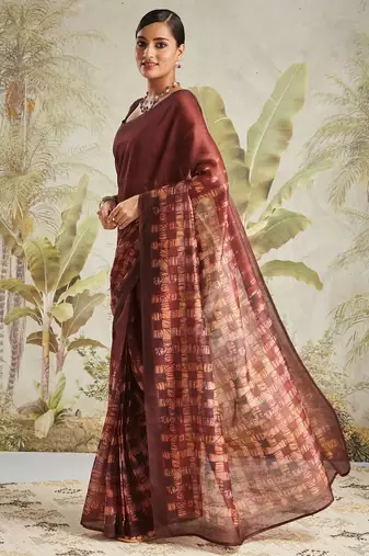 Brown printed blended cotton designer saree with blouse piece