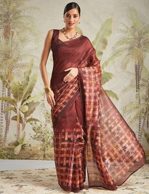 Brown printed blended cotton designer saree with blouse piece 4